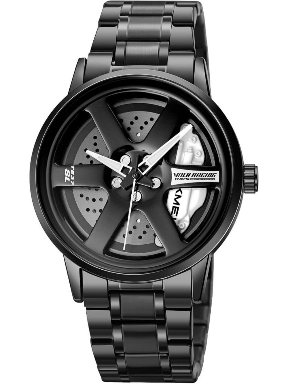 Men's Black 3D Spinning Car Wheel Rotating Stainless Steel Strap Wrist Watch